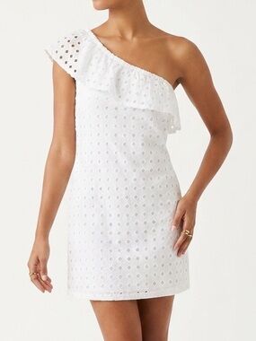 One-Shoulder Gibson White Cotton Eyelet Ruffle Mini Dress Size PM Petite Medium